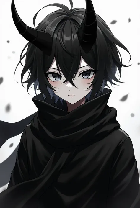 Play an anime character (chico) in black and white with black clothes,  2 Black horns , black hair and a black scarf like a necklace