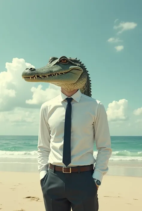  man with an alligator's head, office worker dress on the beach