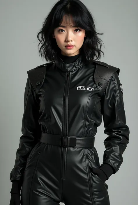 Whole body head to toe, 1 woman、highest quality、masterpiece、4K、Highest image quality、full body, slightly wavy hair、waist-length black hair、black eyes、wearing black racing suit likes police uniform, black and grey mecha, wearing military harness dark look