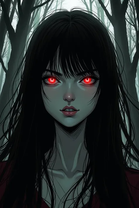 Manga femme  aux cheveux long foncé en noir en blanc qui fait un sourire malicieux. Uniquement les yeux rouge. Paysage forêt sombre