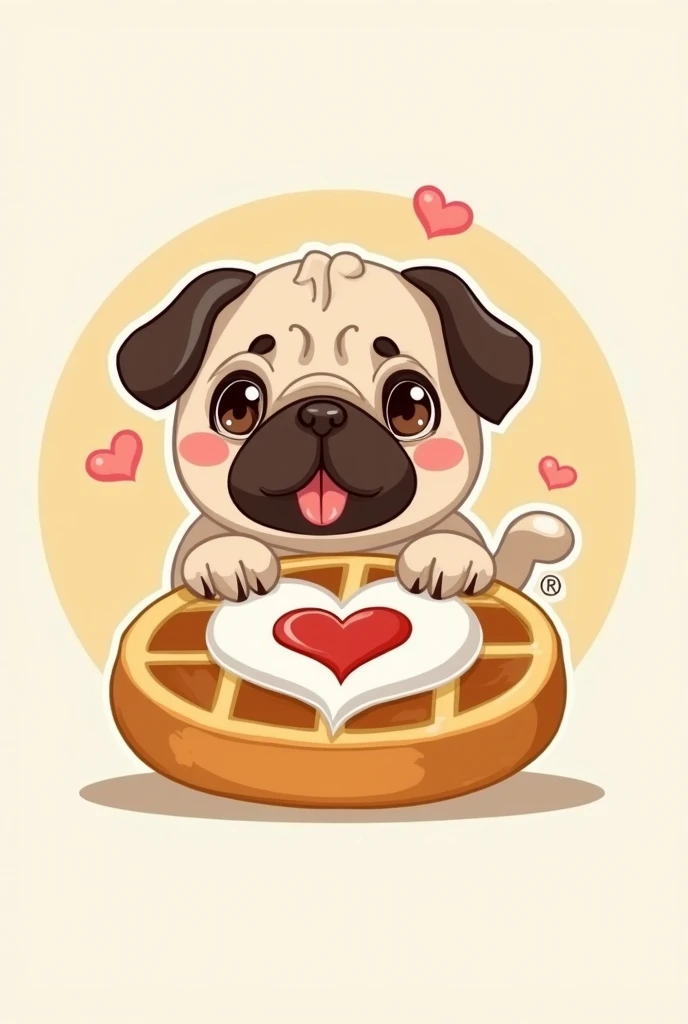 Create a logo for a wafer business called “Maggie Obleas” featuring a cute pug dog and an oblea  or circle waffle with sauce on top in a heart shape.