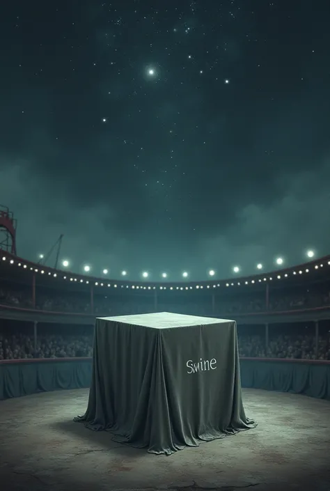 There is a gray cloth cube in the circus arena,on which the word is written "Swine" and the starry sky is painted 