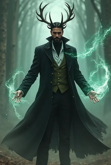 Handsome tall dark haired sorcerer with elegant beard with deer antlers dressed in a black coat with a black 3-piece suit with a white shirt and khaki green tie , Using wind magic to fight 