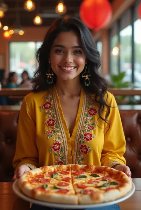 Draw an image of Mubashrah Momin eating pizza in pizza hut with yellow lucknowi kurti and blue plazo jeans