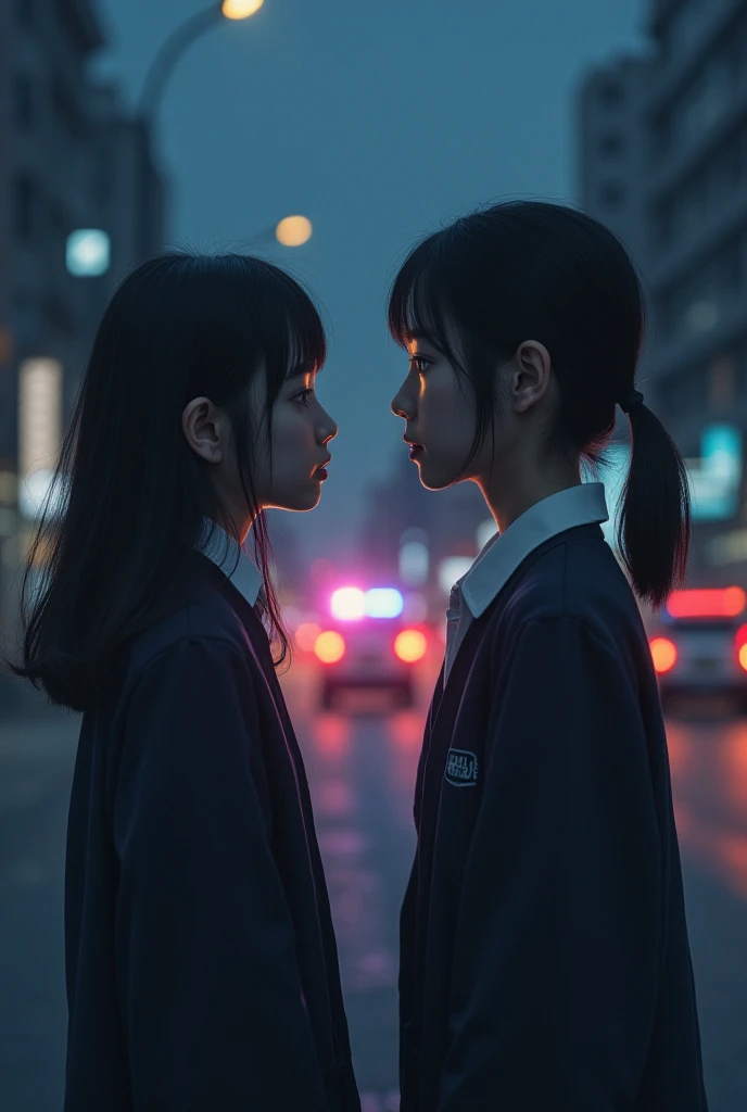 In the evening hours, in a street with police lights, two Korean girls and a boy were facing each other in school clothes facing each other with tears