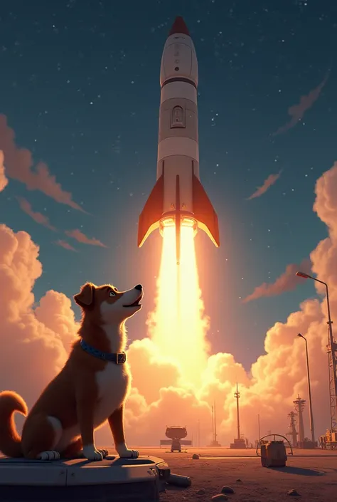 The dog Max getting on the rocket and taking off into space