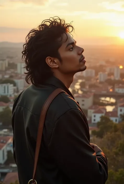 A wide view of a city at dawn ,  with soft sunlight illuminating the deserted streets . Lens In the foreground, Michael Jackson,  with a serene expression, is on the coast,  looking at the horizon ,  reflecting on life . The camera focuses on your face,  c...