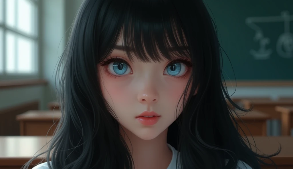 black long hair,  light blue eyes,  school background