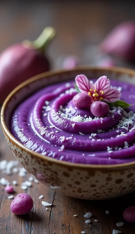 Hgraphic elements, Dynamic Light, Cinematics, HDR, UHD, professional PHOTOGRAPH OF:

"Vibrant Purple Delight"
Capture a beautifully plated serving of purple sweet potato puree in a decorative bowl. The vibrant purple color should be showcased against a sim...