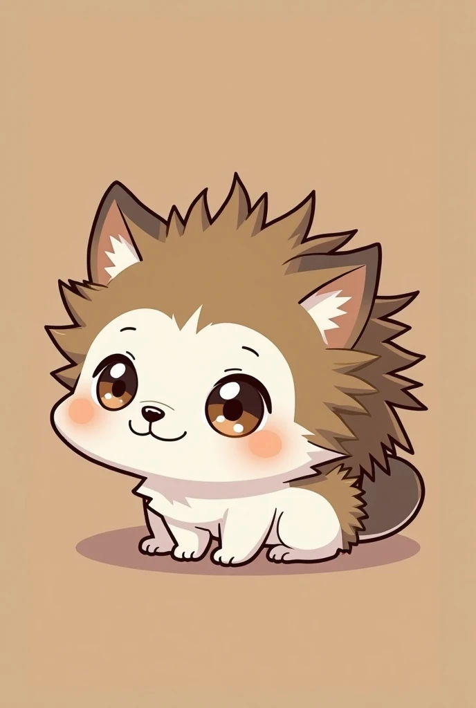  Puppy with an almost white brown face ,  brown eyes and hair similar to that of a hedgehog , in shades of brown and tabby ,  also has one ear droopy and the other raised.It has a clumsy appearance . He refuses to eat, I think..  anime style