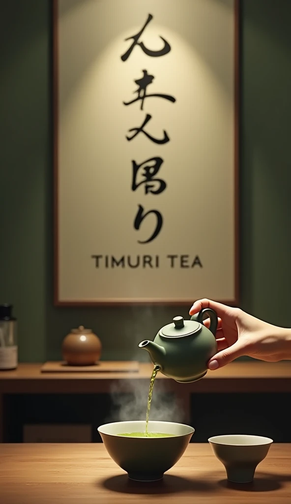 Green tea should be poured into a cup.
In the background, a large sign should be mounted on the wall with “Timuri Tea” written in English.