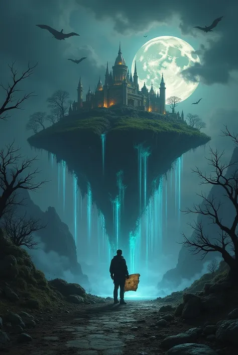 A dark and mysterious magical landscape, withered ground, floating island with ancient ruins, surreal glowing crystals, twisted trees, cascading waterfalls evaporating into mist, dark sky with a giant moon, flying shadowy creatures, a silhouette of a man h...