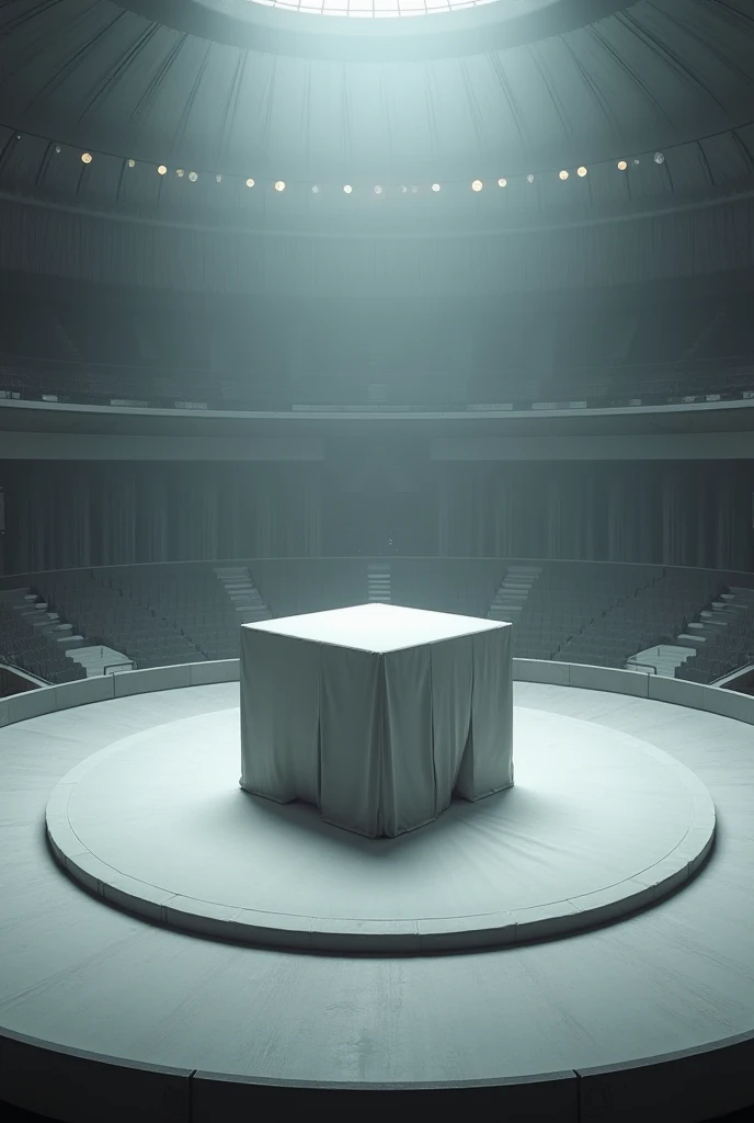 An empty round circus hall with an arena on which there is a cube made of gray fabric 