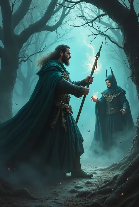 Handsome medieval wizard fighting a witch