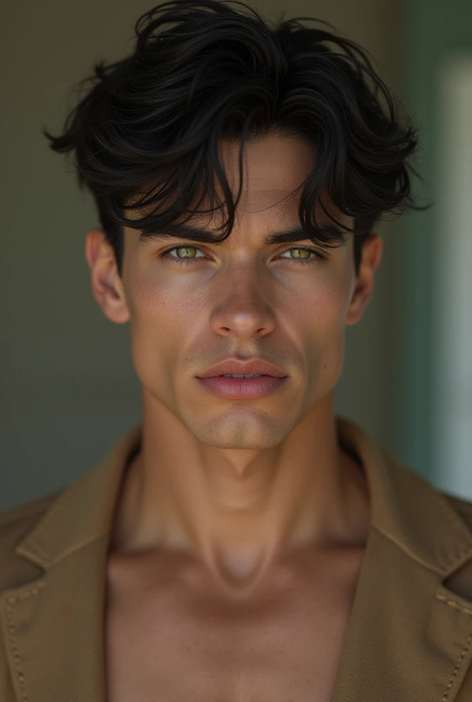 18-year-old Caucasian male ,  without beard perfect face defined jaws and raised cheekbones, soft lips black hair and penetrating green eyes , divine beauty,  muscular body 
