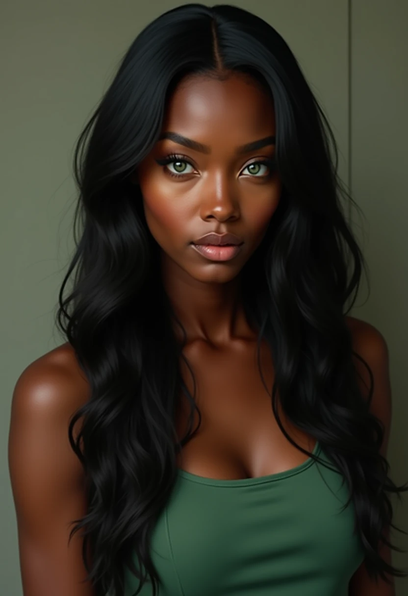  Black Woman, long straight black hair dress,  green eyes