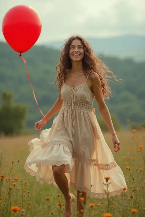  Beautiful girl with wavy long hair in a bohemian dress, kicking in a shoe on a red balloon