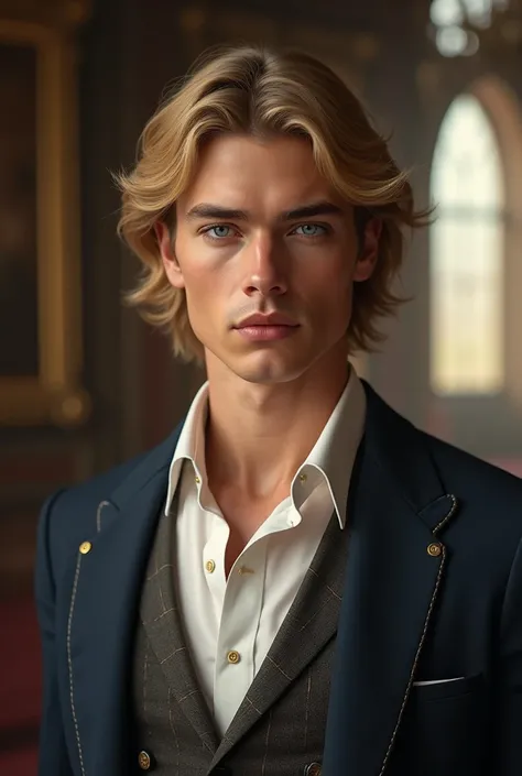 A young billionaire man, a 24-year-old Duke of England, with a beauty Angelico with long blond hair 