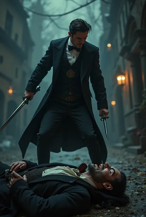 Handsome Victorian hunter dressed in a suit sticking a sword into a vampire at night