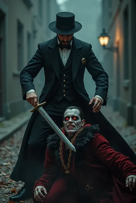 Handsome Victorian hunter dressed in a suit sticking a sword into a vampire at night