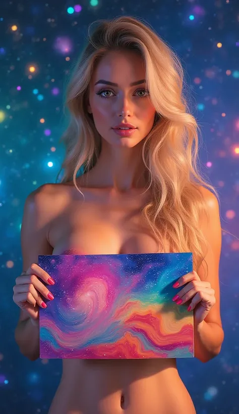 A young woman in pose sexy porn nude, big boobs nice ass ,figa pelosa,holding a colorful abstract fluo fluid art painting in front her chest in Sky star