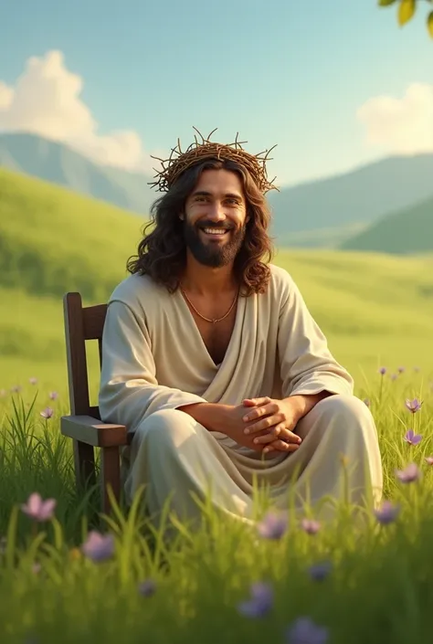 Create an image of Jesus speaking happily and smiling with a crown of thorns sitting on a chair in a green grass pasture