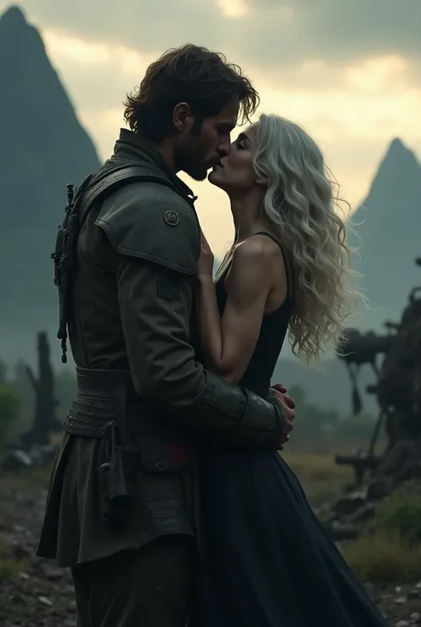 Man, slightly longer curly brown hair and brown eyes, soldier. Woman, blonde, almost white hair, dark simple dress. Kissing after a battle. He is hurt. Fantasy setting. 