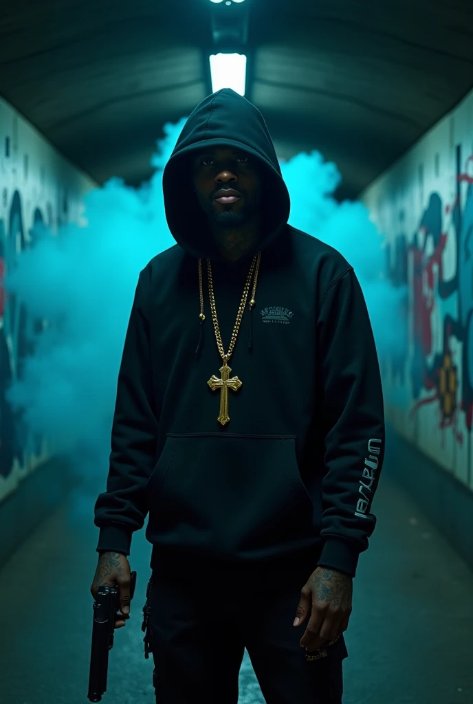 Man standing dressed as a rapper with a hat and a darkened face in an underpass with graffiti, black smoke and electric blue behind him, a gun in his hand and a gold crucifix around his neck, clearly visible hyperrealistic details in ultra HD.