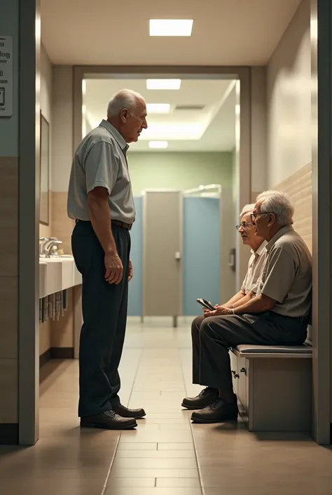 Generate a realistic image of a ager entering the bathroom of a mall and asking two other agers if they found his cell phone 