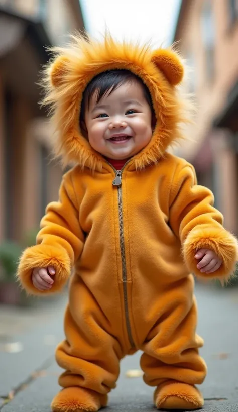 Shot from below, low angle camera, wide angle, a 5 months asian old cute baby girl smiling, standing up tall, in puffy costume of lion

