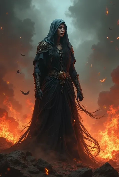 First witch that open the Power of Chaos, looking at the earth on fire, witchcraft, Source of Chaos, witch, darkness, magic, ritual