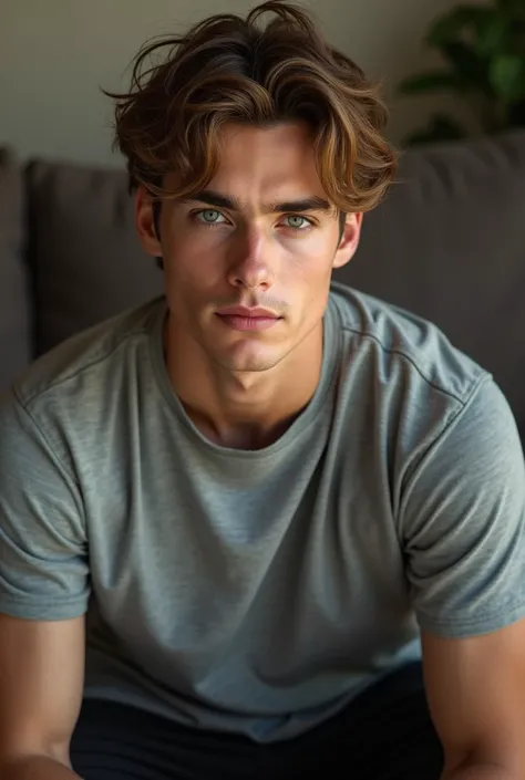 green eyes, almond shaped lips, large eyes, brunette, golden highlights, fluffy hair, textured fringe, light complexion, loose gray t shirt, loose black sweatpants, sitting on couch, , male, straight nose, diamond face shape, handsome, attractive, very you...