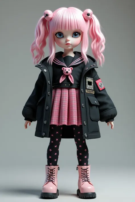 Gothic doll,  girl, light pink hair, twin tails, pink bear hairpin, blue eyes, black sailor top, sailor collar, pink and red plaid pleated skirt, black belt, star pattern black stockings, garters, black jacket with large pockets and badge, light pink lace-...