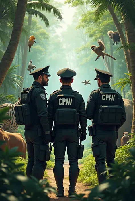 Officers dressed in black with a vest that says cpav in the jungle protecting wildlife with animals at their sides zebras elephants monkeys macaws cows 