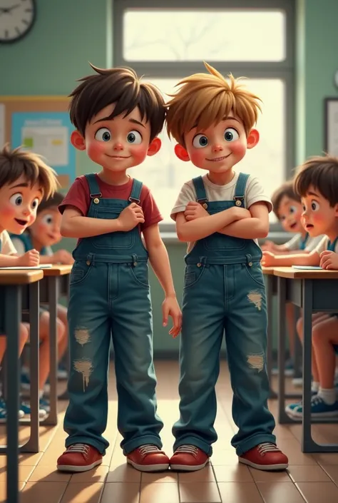 2 young boys peeing their overalls classroom