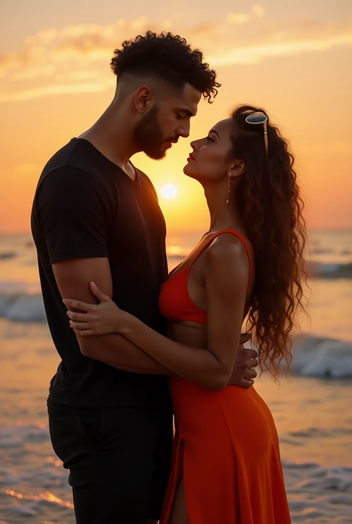 generate a realistic image of A really tall light skin guy, charming, kinda buff, curly short hair, wearing a decent casual two piece all black outfit (top & short) with some shades on his head and, an extremely short light skin girl, has asian eyes, thick...