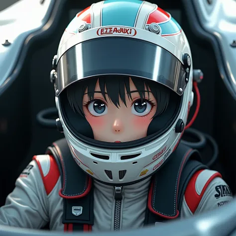 1girl is wearing F1 helmet, (((SHOEI helmet))), ((((too small narrow face opening area helmet)))), circuit, ((sitting F1 cockpit)), hard breathing, Japanese girl, cute girl, ((no bangs)), (((racing helmet))), (((fullface helmet:2.0))), (((covered mouth lip...