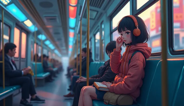 Create a vibrant anime-style image of a girl sitting on a busy subway car, listening to music through headphones. She is the central focus of the scene, with a peaceful, reflective expression on her face as she tunes out the surrounding noise. The other pa...