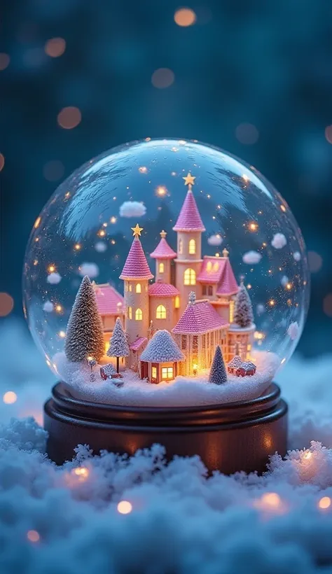 Make it the size of a smartphone screen、round snow globe、 is a country of small fairies、There are a lot of small houses in the snow globe、There is also a small castle、It shines brightly and is dazzlingly beautiful、 overall pastel color 、illumination、 cloth...