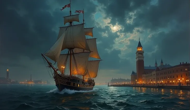 Ship of the Line returning to a harbor city at Night, there is a lighthouse in the distance, old venetian painting style, masterpiece, best quality, 4K, oil painting,