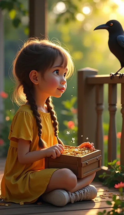 A hyper-realistic cinematic image of an  girl, with brown hair in two braids, fair skin, and eyes full of wonder, sitting on the porch as she gazes at her growing collection of gifts inside the wooden box.

She is still wearing her plain yellow dress (with...