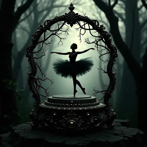 Silhouette of a ballerina dressed in Black , dancing and floating in an old music box ,  in a dark forest with dry trees and gnarled dry branches 