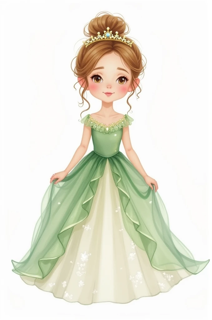  Create a gouache watercolor illustration , On white background , png,.
The illustration is of a  ,  small  . 
 She is a cute princess ,  with a discreet and delicate smile .  wears a small delicate crown on her head . 
 She wears a long princess dress , i...