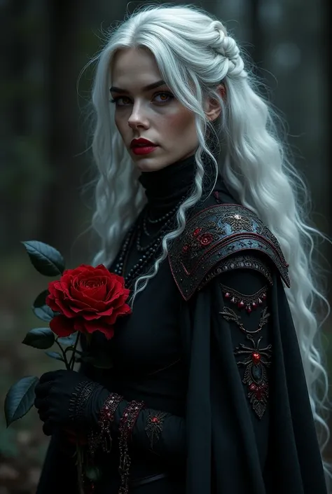 A dark Stunningly Beautiful Enchantress stands in the shadows, her silver hair cascading like moonlight over obsidian armor adorned with intricate gothic details. Crimson eyes burn with an otherworldly intensity, mirroring the blood-red bloom at her side—a...