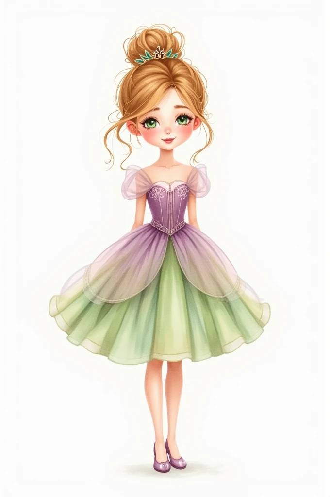  Create a gouache watercolor illustration , On white background , png,.
The illustration is of a  ,  small  . 
 She is a cute princess ,  with a discreet and delicate smile .  wears a small delicate crown on her head . 
 She wears a long princess dress , i...