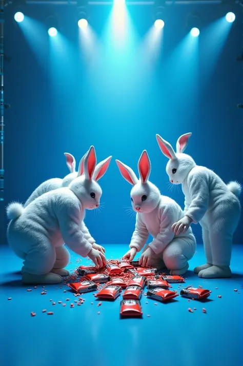  realistic image,  6 people women and men bunnies, Picking up several packs of coffee (actual size)Lying on the ground, The packages color red,  black and white details ,  traces scattered on the floor, Some people taking these coffee packages, Intense blu...