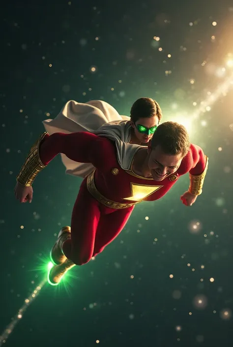 Hyperrealism heroes :  smiling Shazam from DC flying close to DC's Green Lantern in the skies of the exosphere. Green Lantern wears a green eye mask 