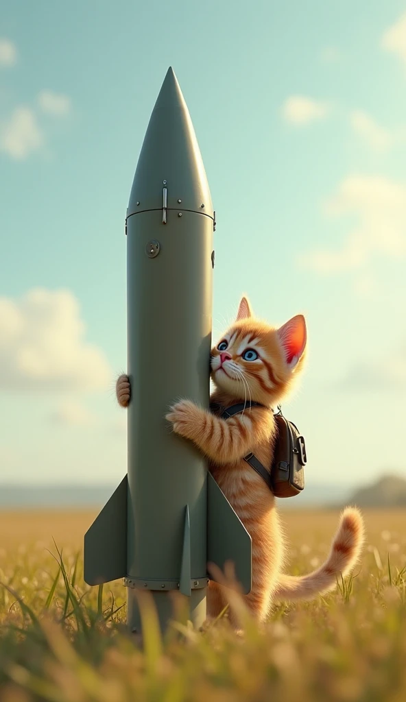 a cute realistic kitten is hugged in a missel . The missile is standing pointed at the sky.  The environment is a beautiful open pasture field and the kitten wears a helmet and backpack.