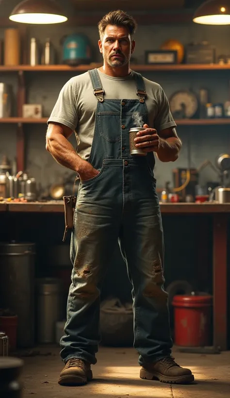 Gorgeous badass mechanic, in dirty dungarees, Stands in a workshop and drinks coffee 