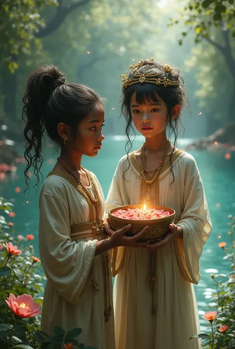 A brown  girl in front of a magic lake and a calabash girl holding a bowl